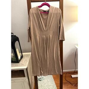 Women's Dress Midi Tan Beige Light Brown 3/4 Sleeves V Neck Quiet Luxury‎ XL